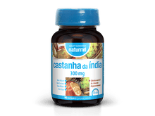 Frasco de Castanha-da-Índia 300 mg Naturmil, com 90 comprimidos, embalagem castanha com tampa azul e rótulo branco.