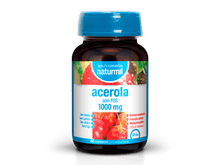 Frasco castanho de Acerola 1000 mg com FOS Naturmil, com tampa azul e rótulo branco, azul e vermelho, 60 comprimidos.