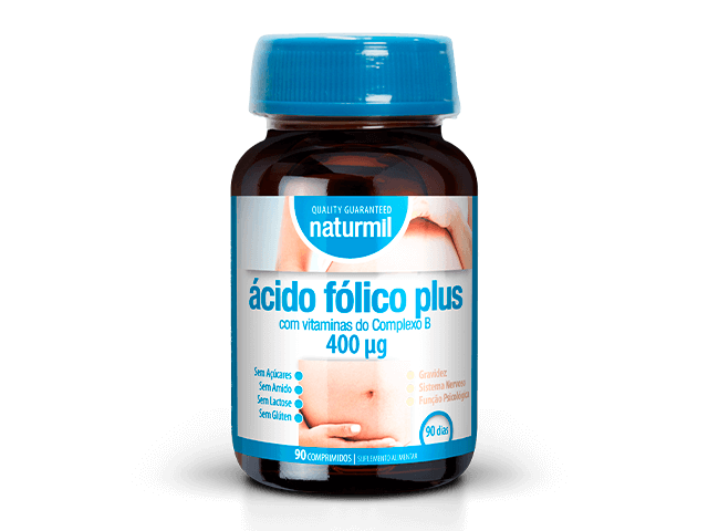 Frasco de vidro com tampa azul - Ácido Fólico Plus 400 µg Naturmil com vitaminas do complexo B - 90 comprimidos