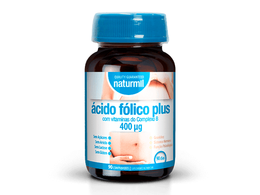 Frasco de vidro com tampa azul - Ácido Fólico Plus 400 µg Naturmil com vitaminas do complexo B - 90 comprimidos