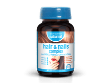 Frasco castanho de Hair & Nails Complex Naturmil com tampa azul e rótulo azul, branco e castanho, contendo 60 comprimidos.