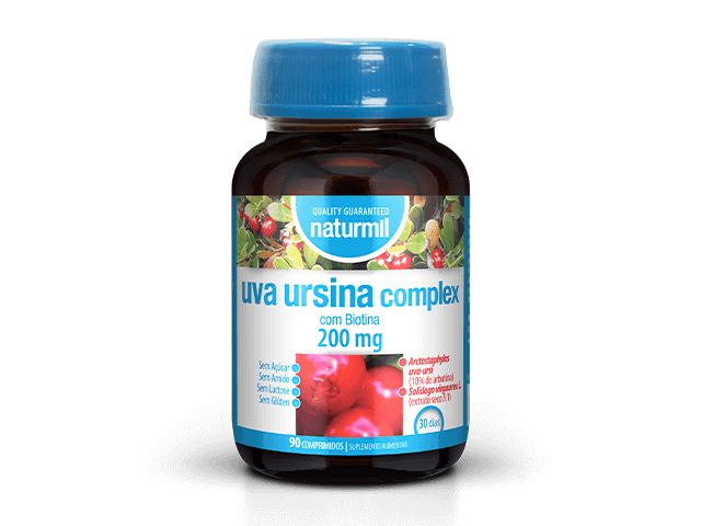 Frasco castanho de Uva Ursina Complex Naturmil com tampa azul, 90 comprimidos.