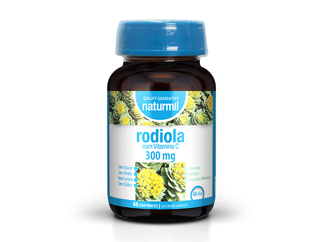 Frasco de suplemento alimentar Naturmil Rodiola com Vitamina C 300 mg, com tampa azul e 60 comprimidos.