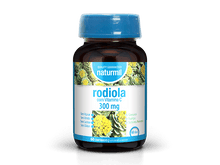 Frasco de suplemento alimentar Naturmil Rodiola com Vitamina C 300 mg, com tampa azul e 60 comprimidos.