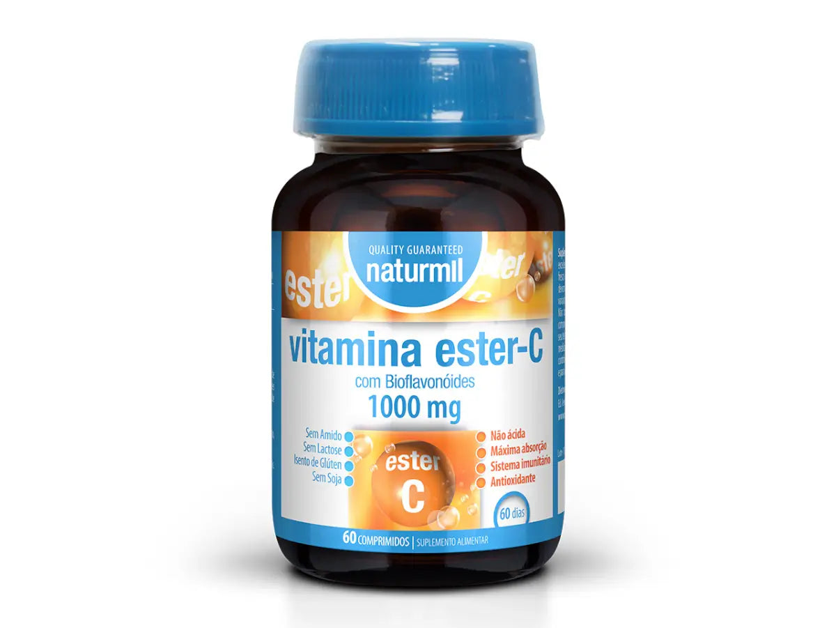 Frasco de Vitamina C Ester 1000 mg Naturmil com 60 comprimidos, embalagem escura com tampa azul e rótulo branco e laranja.