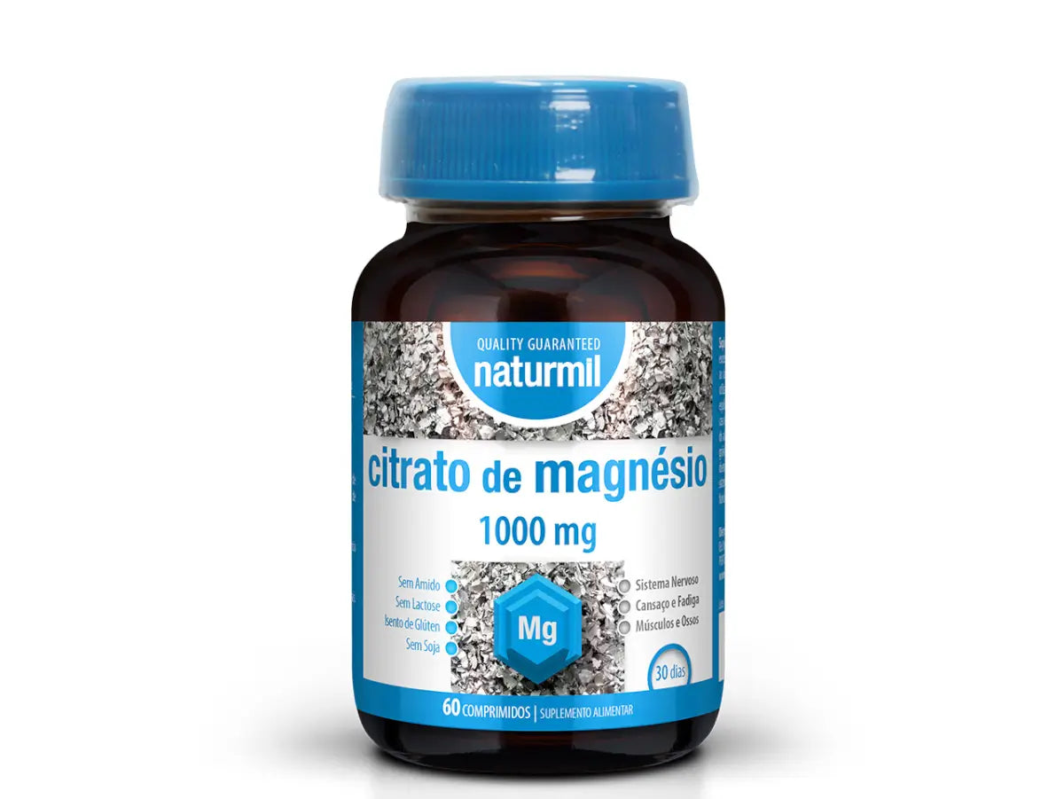 Frasco castanho de Citrato de Magnésio Naturmil com tampa azul e 60 comprimidos.