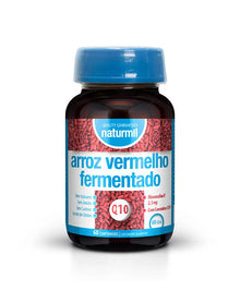 Frasco castanho de Arroz Vermelho Fermentado Naturmil com tampa azul, 60 comprimidos e rótulo branco, azul e vermelho.