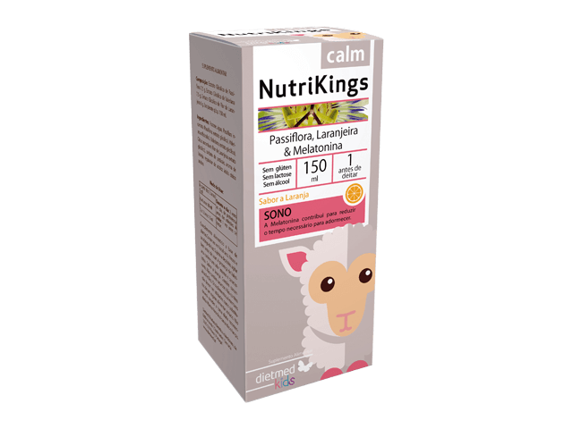 NutriKings Calm Dietmed Kids 150 ml com Passiflora, Erva-Cidreira, Flor de Laranjeira e Melatonina para apoio ao sono infantil.
