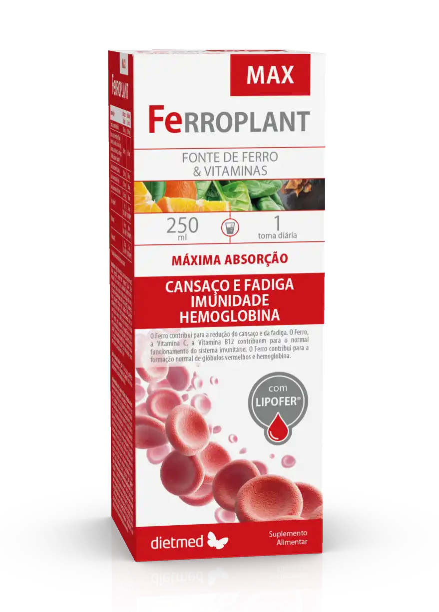 Caixa do suplemento Ferroplant MAX da Dietmed, com 250 ml, destacando os benefícios para cansaço, fadiga, imunidade e formação de hemoglobina, com tecnologia Lipofer® para máxima absorção