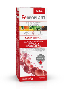 Caixa do suplemento Ferroplant MAX da Dietmed, com 250 ml, destacando os benefícios para cansaço, fadiga, imunidade e formação de hemoglobina, com tecnologia Lipofer® para máxima absorção