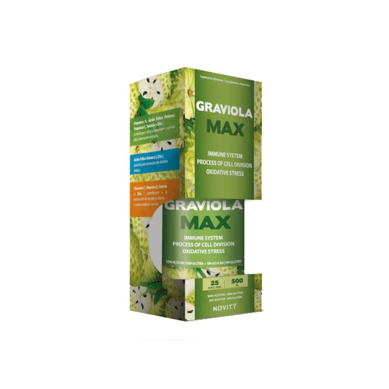 Embalagem de Graviola Max Novity 500 ml, solução oral em frasco com caixa verde e ilustrações de graviola.