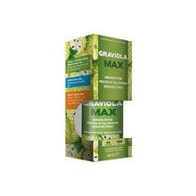 Embalagem de Graviola Max Novity 500 ml, solução oral em frasco com caixa verde e ilustrações de graviola.