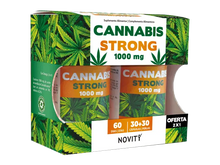 Embalagem Cannabis Strong 1000 mg Novity, com ilustração de folhas de cannabis, duas embalagens de cápsulas visíveis e oferta 30+30 cápsulas.