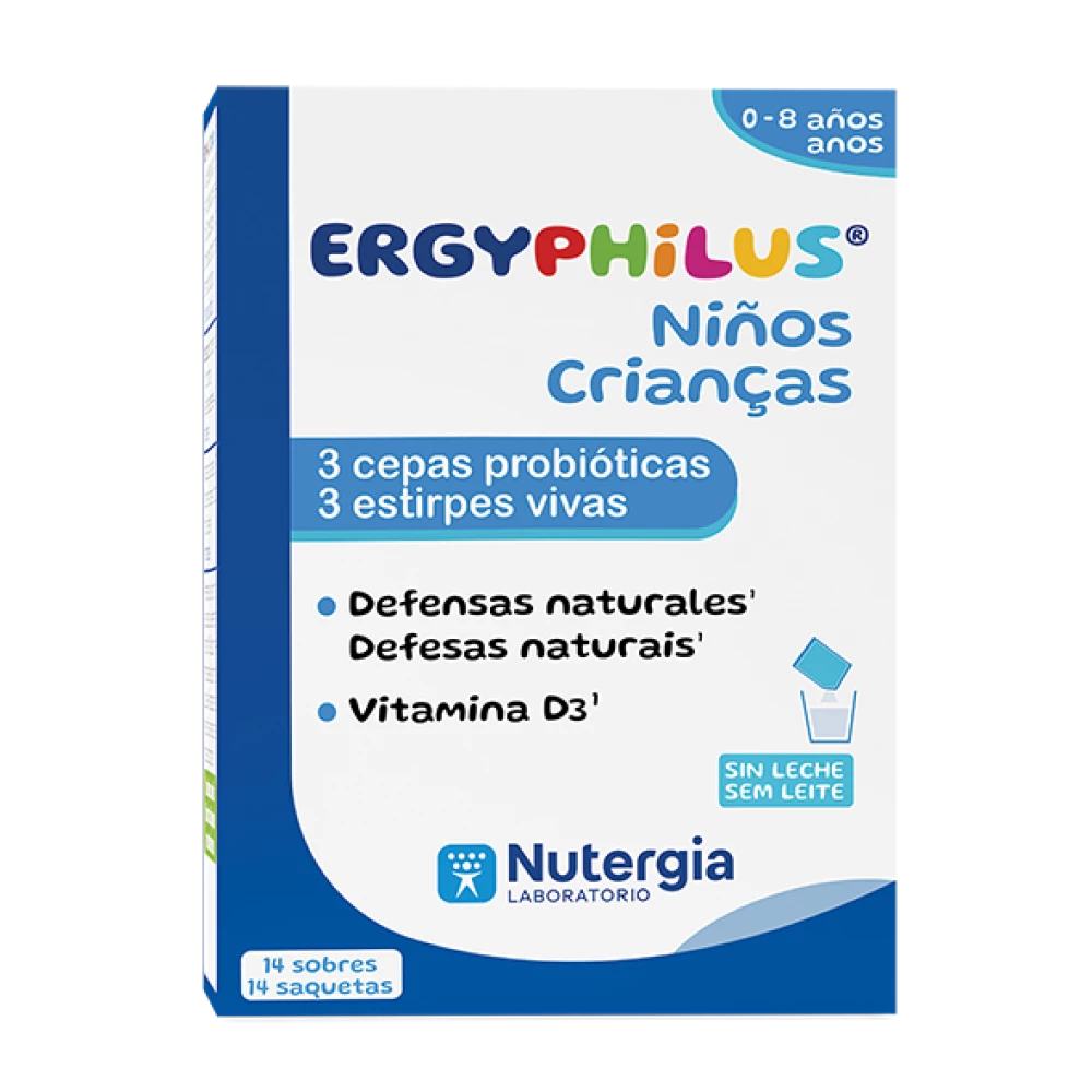 Caixa de ERGYPHILUS Crianças da Nutergia, suplemento probiótico com 3 estirpes vivas e vitamina D3 para apoio à microbiota e defesas naturais dos 0 aos 6 anos, 14 saquetas.