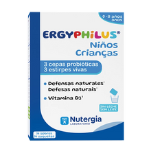 Caixa de ERGYPHILUS Crianças da Nutergia, suplemento probiótico com 3 estirpes vivas e vitamina D3 para apoio à microbiota e defesas naturais dos 0 aos 6 anos, 14 saquetas.