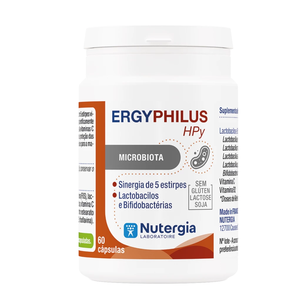 Frasco de ERGYPHILUS HPy da Nutergia, suplemento alimentar com 5 estirpes de lactobacilos e bifidobactérias, sem glúten, lactose e soja, 60 cápsulas.