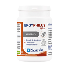 Frasco de ERGYPHILUS HPy da Nutergia, suplemento alimentar com 5 estirpes de lactobacilos e bifidobactérias, sem glúten, lactose e soja, 60 cápsulas.