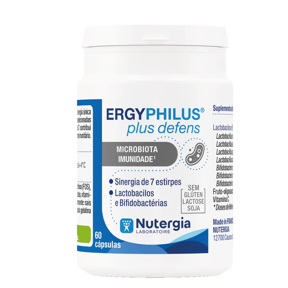 Frasco de ERGYPHILUS Plus Defens da Nutergia, suplemento probiótico com 7 estirpes de lactobacilos e bifidobactérias, sem glúten, lactose e soja, 60 cápsulas.