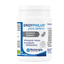 Frasco de ERGYPHILUS Plus Defens da Nutergia, suplemento probiótico com 7 estirpes de lactobacilos e bifidobactérias, sem glúten, lactose e soja, 60 cápsulas.