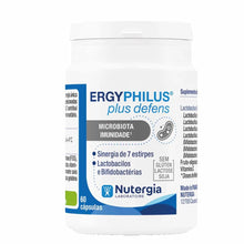Frasco de ERGYPHILUS Plus Defens da Nutergia, suplemento probiótico com 7 estirpes de lactobacilos e bifidobactérias, sem glúten, lactose e soja, 60 cápsulas.