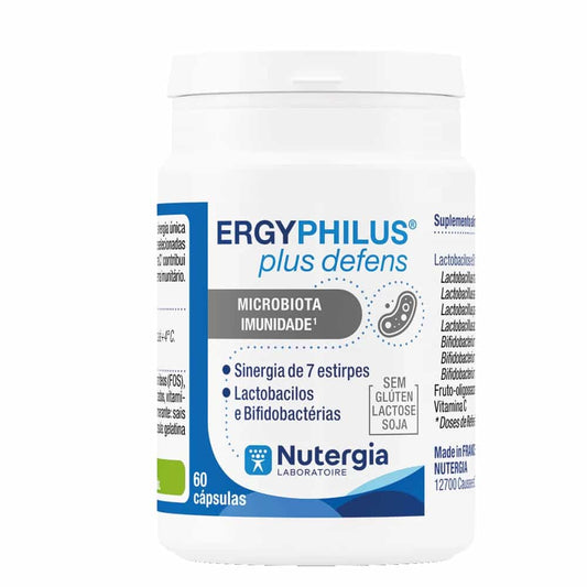 Frasco de ERGYPHILUS Plus Defens da Nutergia, suplemento probiótico com 7 estirpes de lactobacilos e bifidobactérias, sem glúten, lactose e soja, 60 cápsulas.