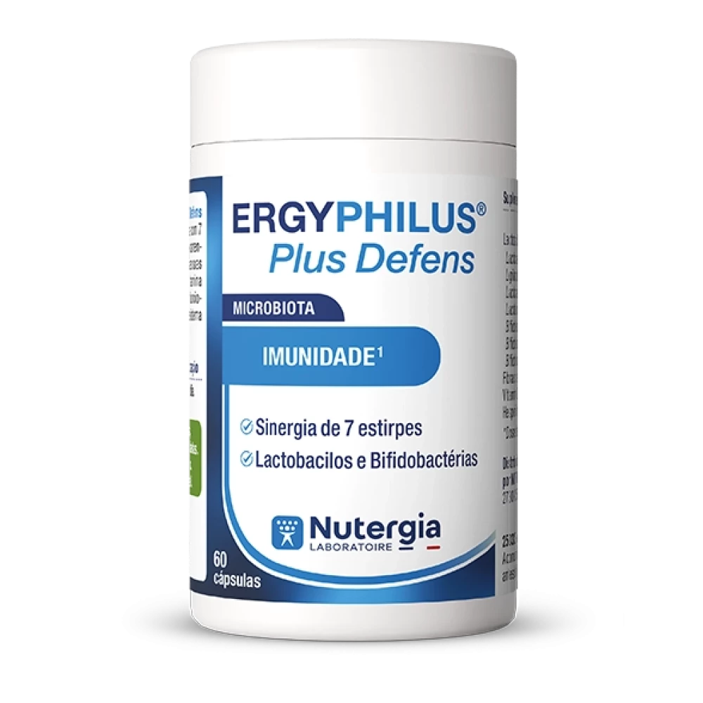 Frasco branco com textos azuis ErgyPhilus Plus Defens da Nutergia