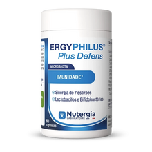 Frasco branco com textos azuis ErgyPhilus Plus Defens da Nutergia