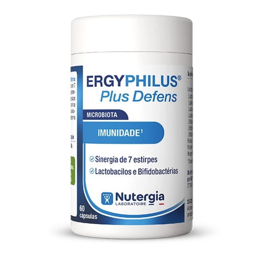 Frasco branco com textos azuis ErgyPhilus Plus Defens da Nutergia