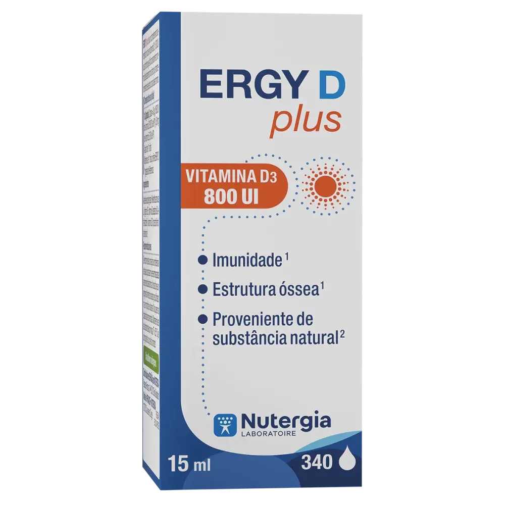 ERGY D Plus Nutergia vitamina D3 natural 800 UI em gotas para imunidade, ossos e músculos.