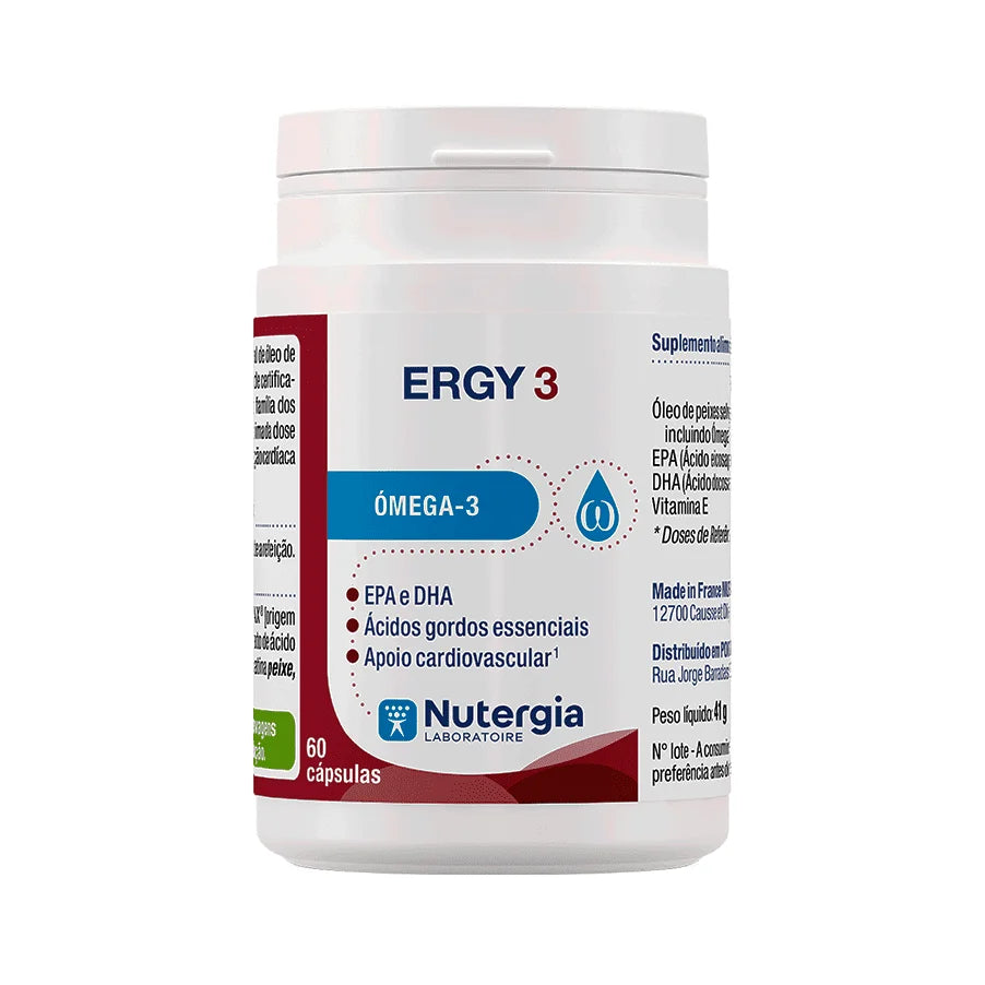 Frasco branco de ERGY 3 Ómega-3 da Nutergia, com tampa branca e rótulo azul, vermelho e branco, contendo 60 cápsulas.