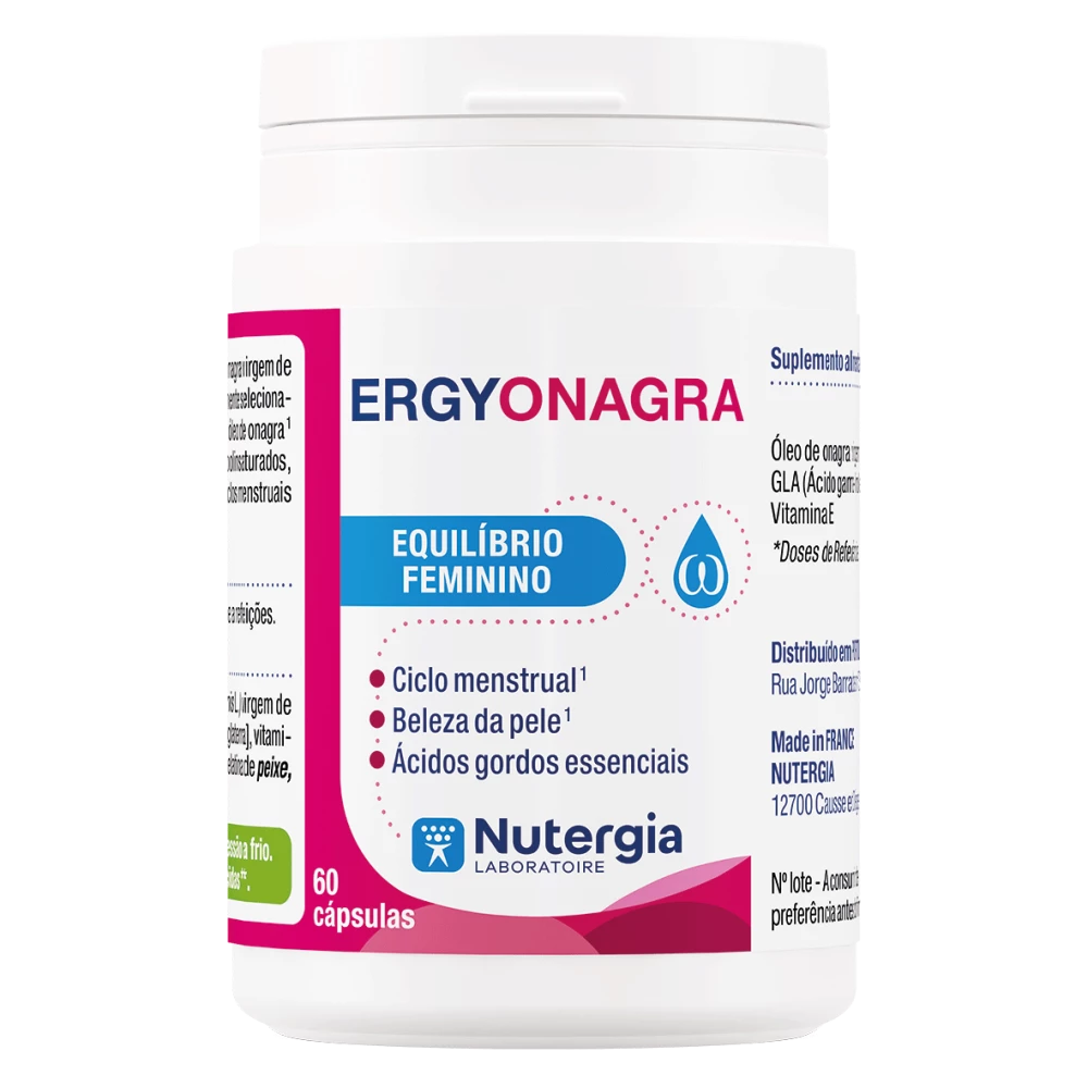 Boião branco de Ergyonagra Nutergia, suplemento alimentar de óleo de onagra, com 60 cápsulas.