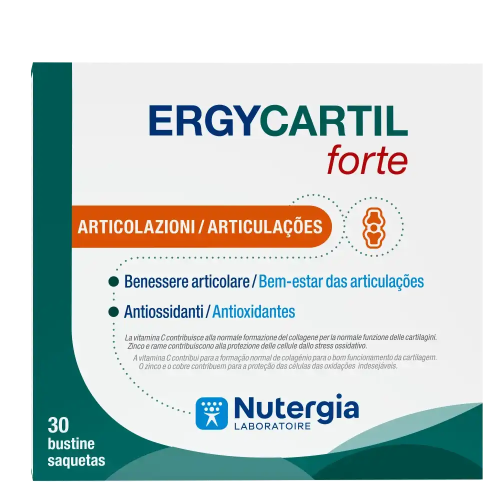 Embalagem de Ergycartil Forte da Nutergia, suplemento alimentar em saquetas para o bem-estar das articulações, com design em tons de verde, branco e laranja.