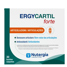 Embalagem de Ergycartil Forte da Nutergia, suplemento alimentar em saquetas para o bem-estar das articulações, com design em tons de verde, branco e laranja.