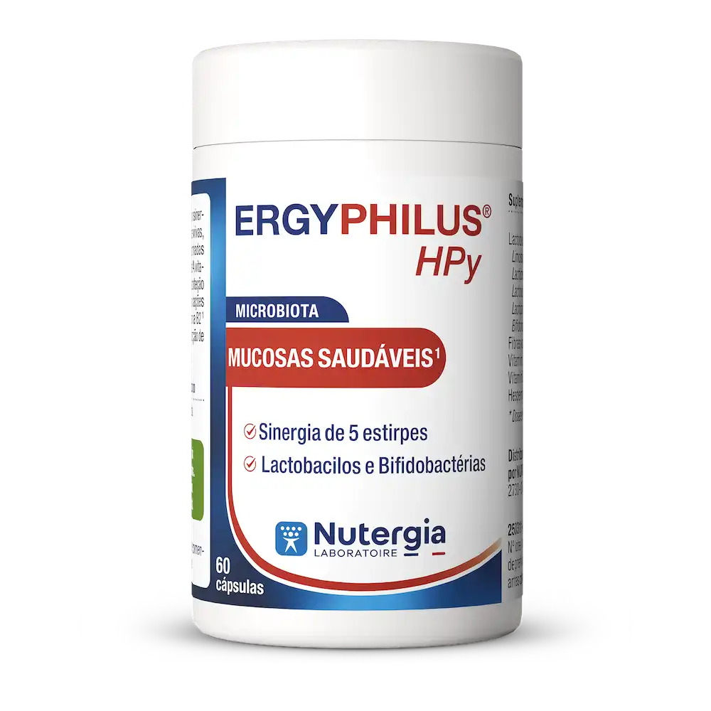 Frasco branco de ERGYPHILUS HPy da Nutergia, suplemento de microbiota em embalagem de 60 cápsulas.