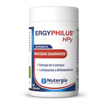 Frasco branco de ERGYPHILUS HPy da Nutergia, suplemento de microbiota em embalagem de 60 cápsulas.