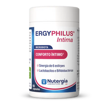 Frasco branco de ERGYPHILUS® Intima da Nutergia, com tampa branca e rótulo branco, rosa e azul, em apresentação de 60 cápsulas.
