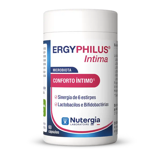 Frasco branco de ERGYPHILUS® Intima da Nutergia, com tampa branca e rótulo branco, rosa e azul, em apresentação de 60 cápsulas.