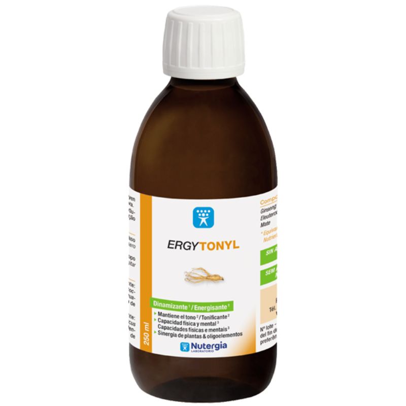 Frasco castanho de 250 ml de ERGYTONYL Nutergia, suplemento líquido, com tampa branca e rótulo branco, laranja e verde.