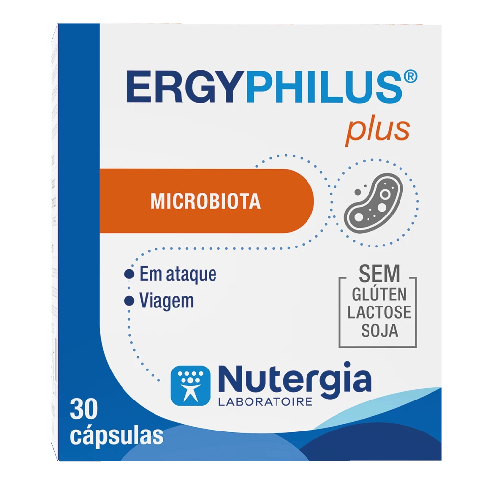 Embalagem de ERGYPHILUS® Plus Nutergia com 30 cápsulas, branca e azul, faixa laranja «Microbiota» e indicação «Em ataque • Viagem».