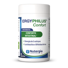 Frasco branco com textos a verde ErgyPhilus Confort da Nutergia.