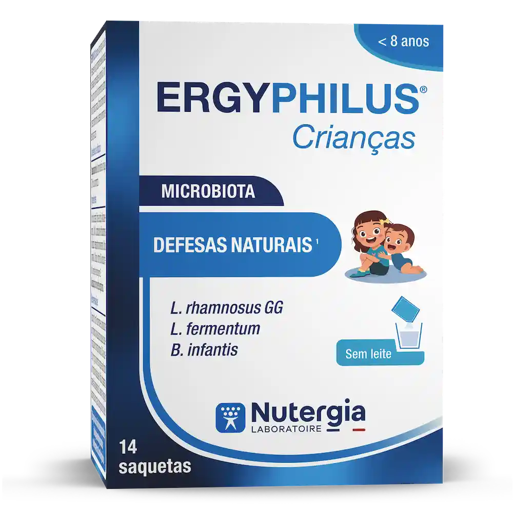 Embalagem de ERGYPHILUS Crianças, caixa azul e branca com 14 saquetas, indicada na frente para crianças dos 1 aos 8 anos.