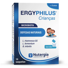 Embalagem de ERGYPHILUS Crianças, caixa azul e branca com 14 saquetas, indicada na frente para crianças dos 1 aos 8 anos.