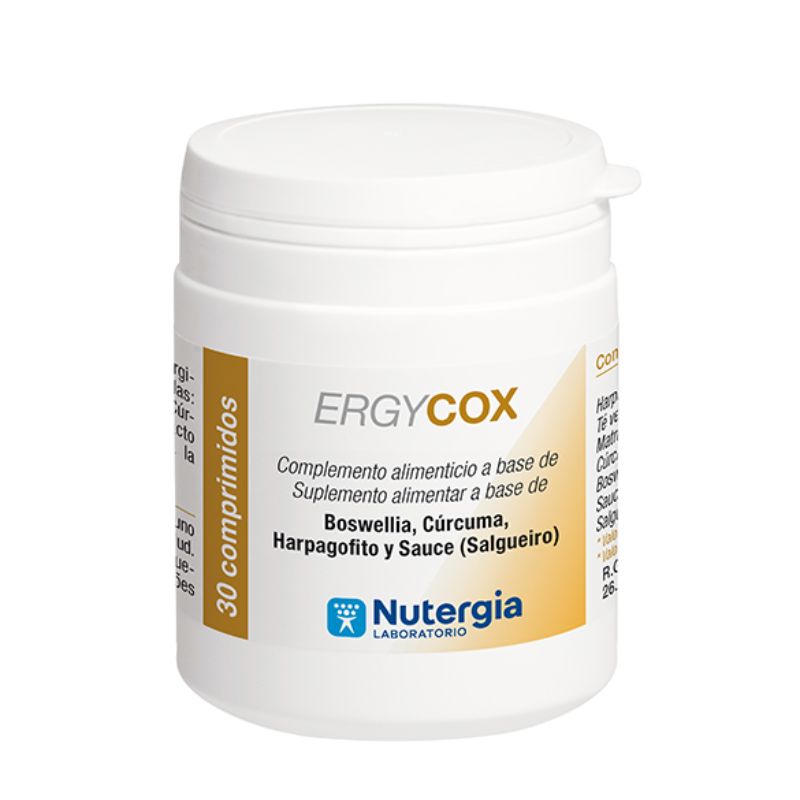 Boião branco de ERGYCOX Nutergia com 30 comprimidos, com rótulo branco e detalhes em dourado.