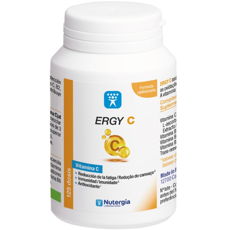 Boião branco de ERGY C em pó, com tampa branca e rótulo branco, laranja e azul, com indicação de 125 doses.