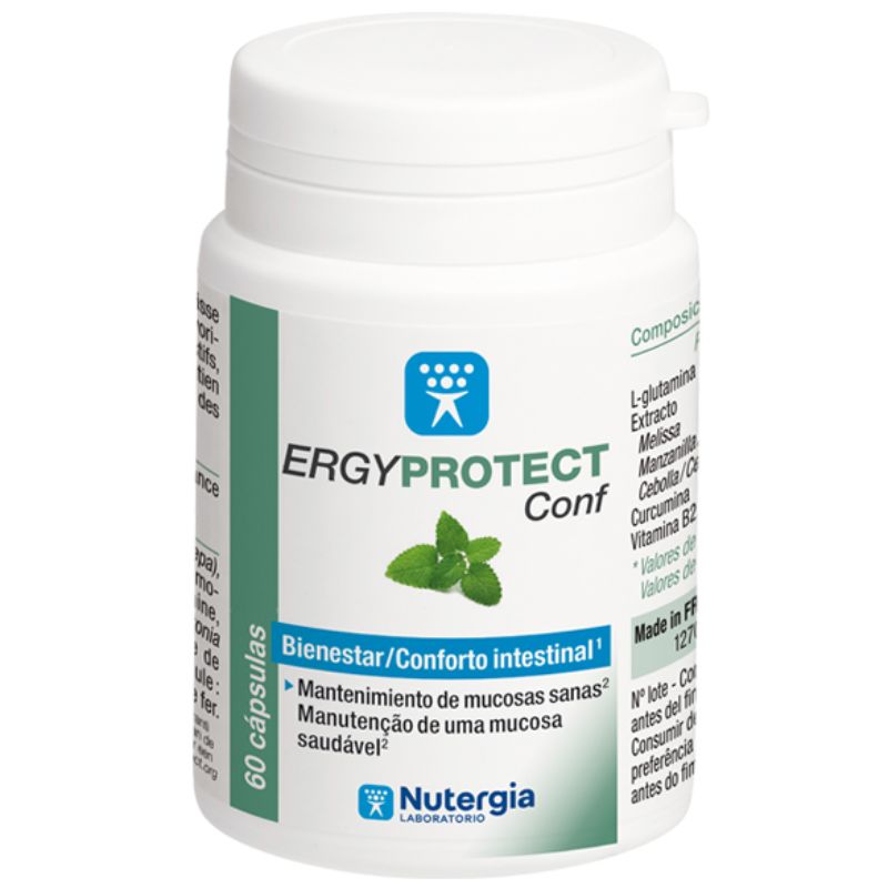Boião branco de 60 cápsulas ERGYPROTECT Confort, com rótulo verde e folhas de melissa.