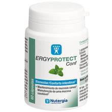 Boião branco de 60 cápsulas ERGYPROTECT Confort, com rótulo verde e folhas de melissa.