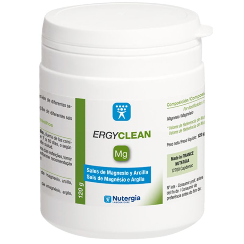 Boião branco cilíndrico de ERGYCLEAN Nutergia, suplemento em pó de 120 g com sais de magnésio e argila verde francesa.