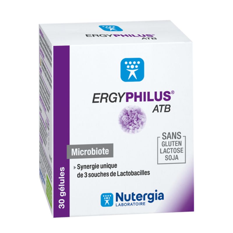 Embalagem branca de ERGYPHILUS ATB Nutergia, com faixa roxa lateral e indicação de 30 cápsulas.