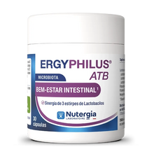 Frasco banco com texto azule roxo do produto ErgyPhilus ATB da Nutergia