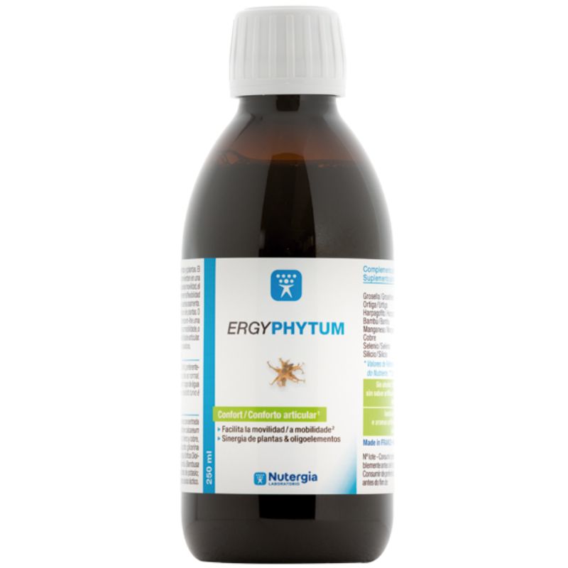 Frasco castanho de 250 ml de Ergyphytum Nutergia, suplemento líquido, com tampa branca e rótulo branco e azul.